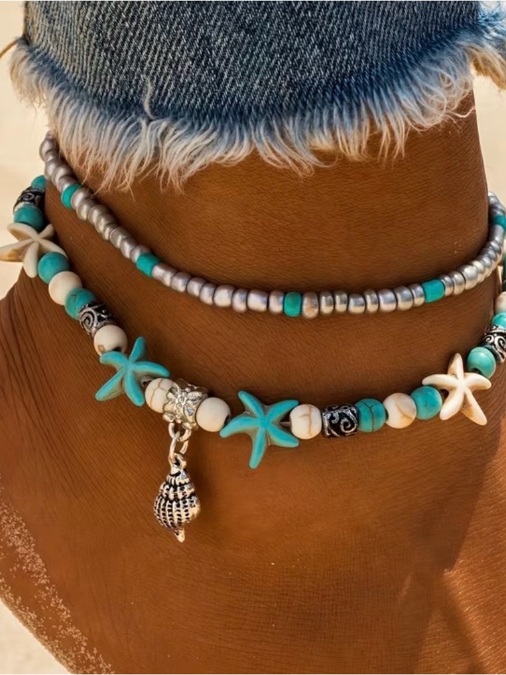 Turquoise Starfish Beaded Anklet Set -NEW!